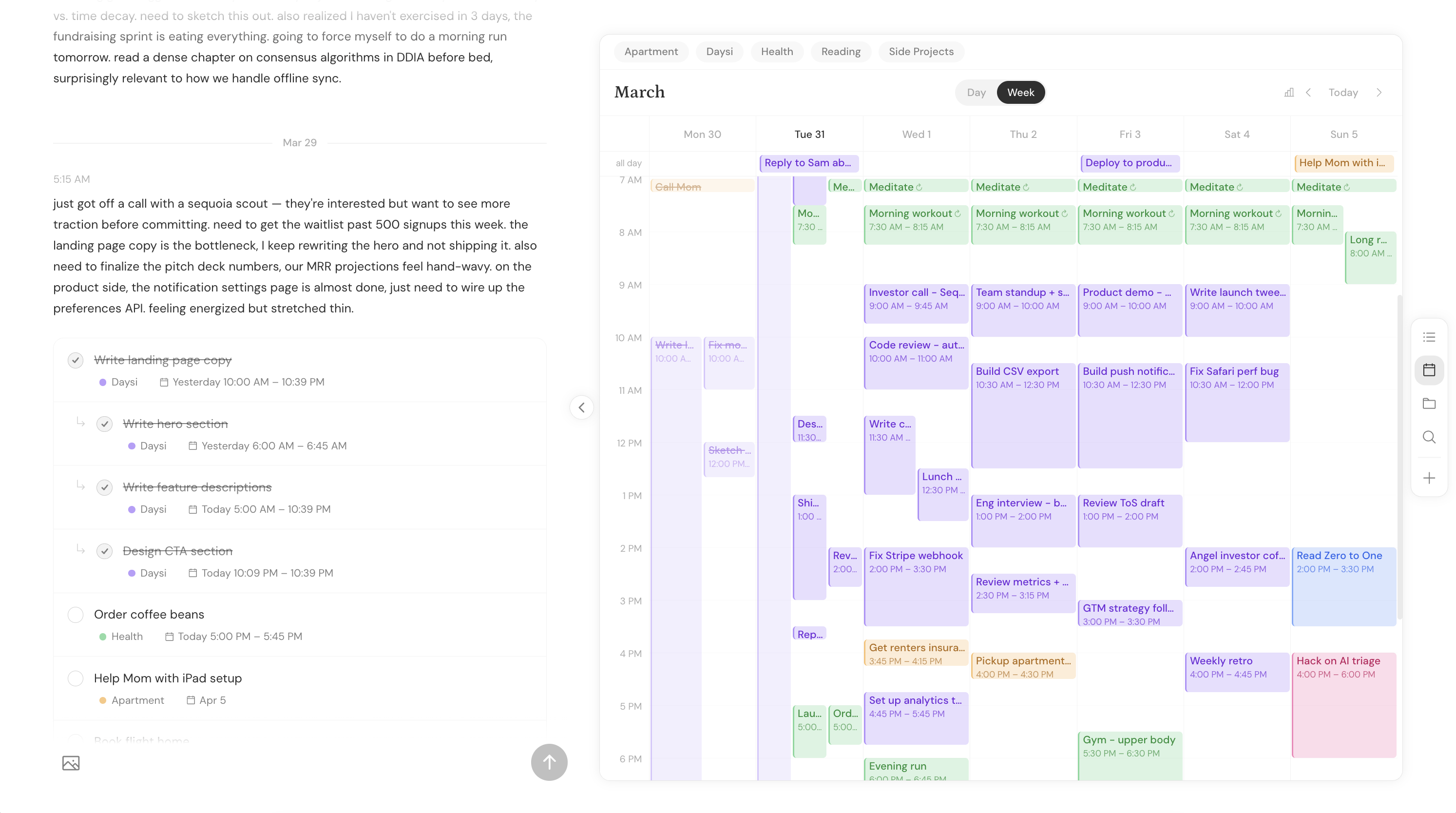 Daysi — brain dump journal with AI-triaged weekly calendar view