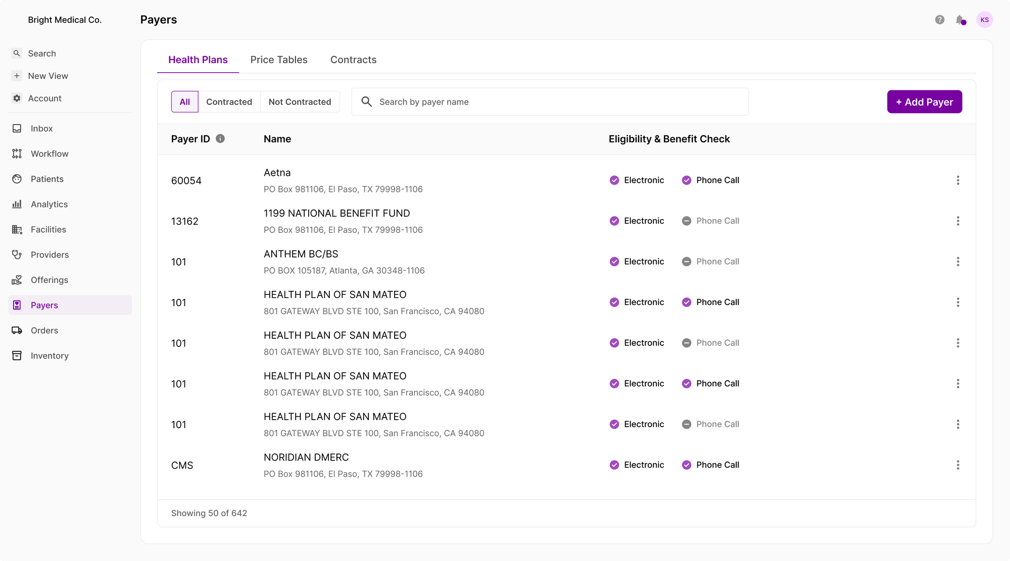 Tennr Payers — Health Plans table view