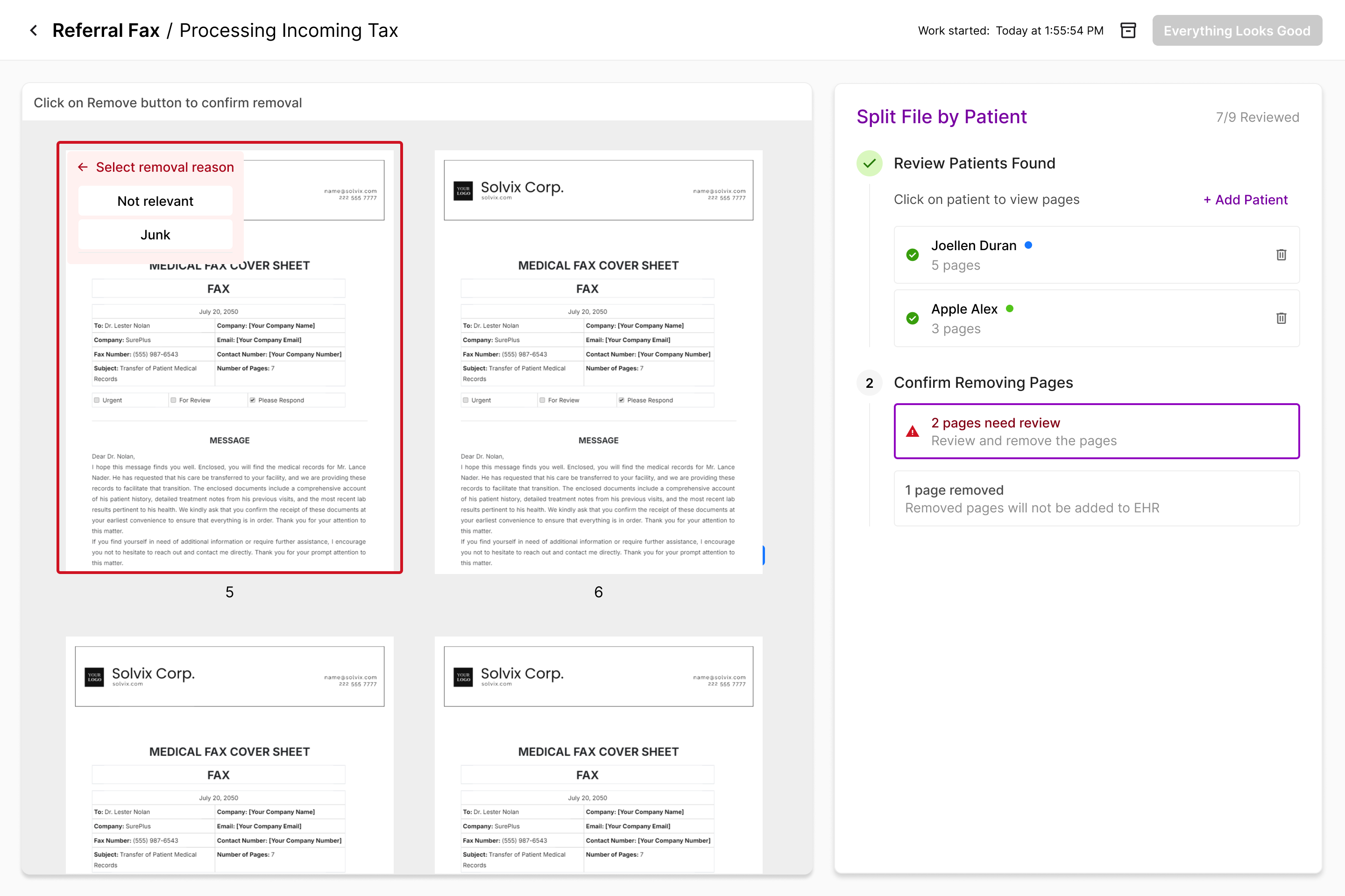 Tennr Multi Patient — page removal confirmation with patient assignment